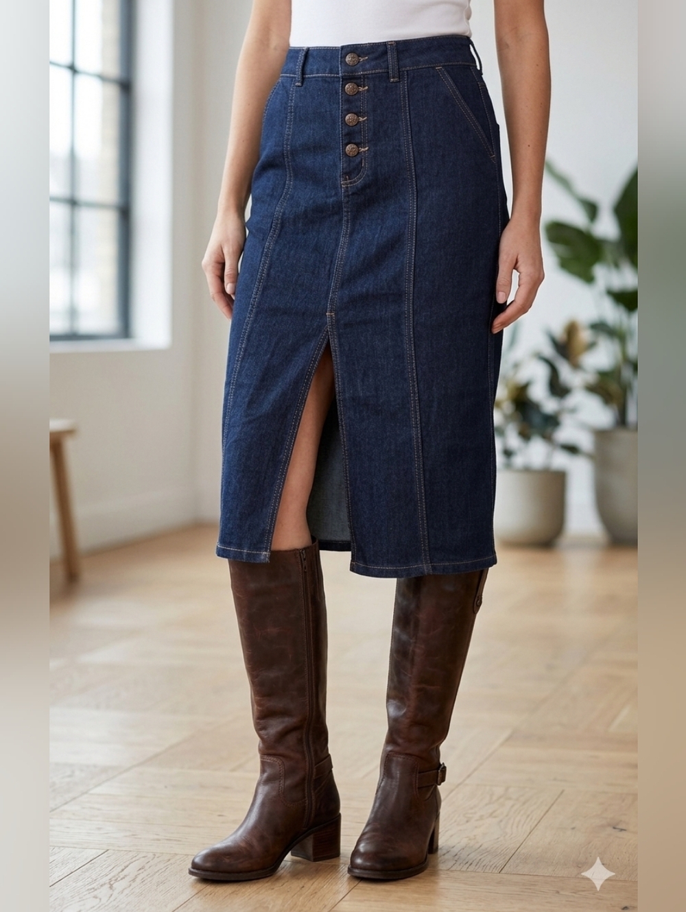 Rhythm + Rose Dark Wash Button Front Denim Skirt Sz 6